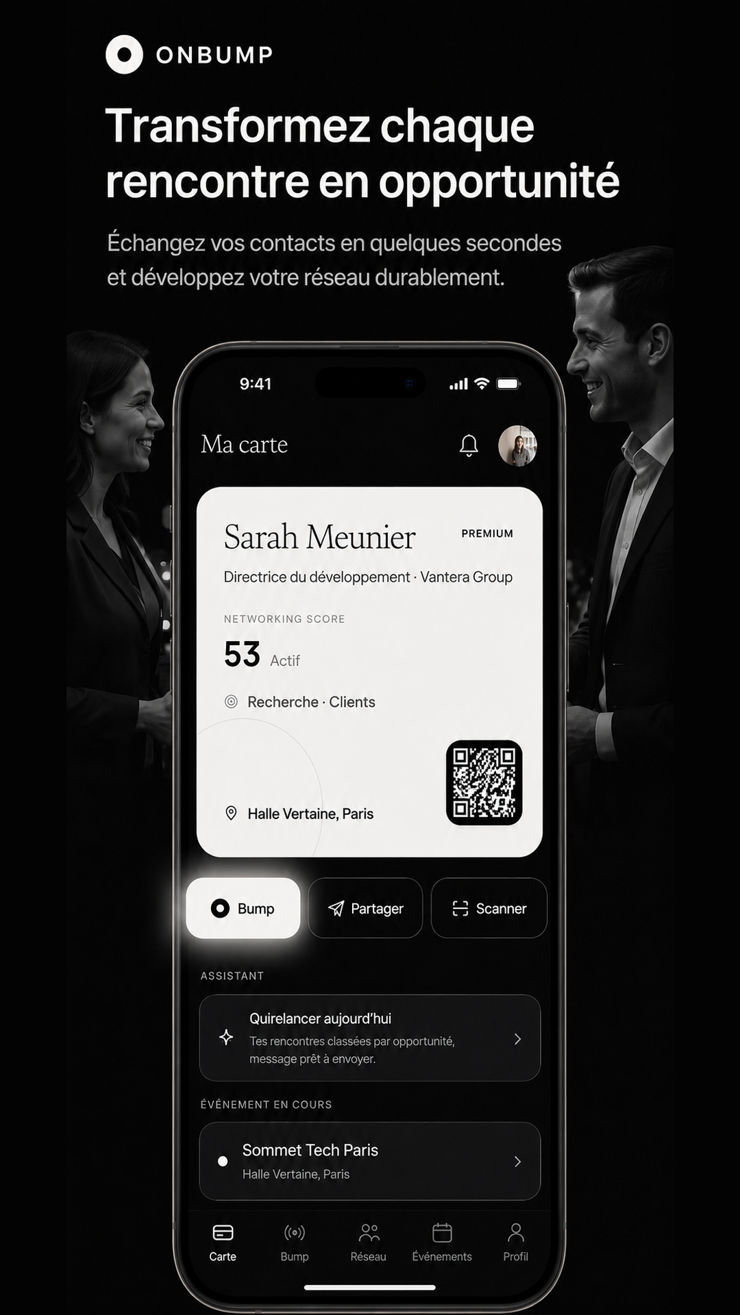 Carte de visite digitale OnBump et échange par Bump