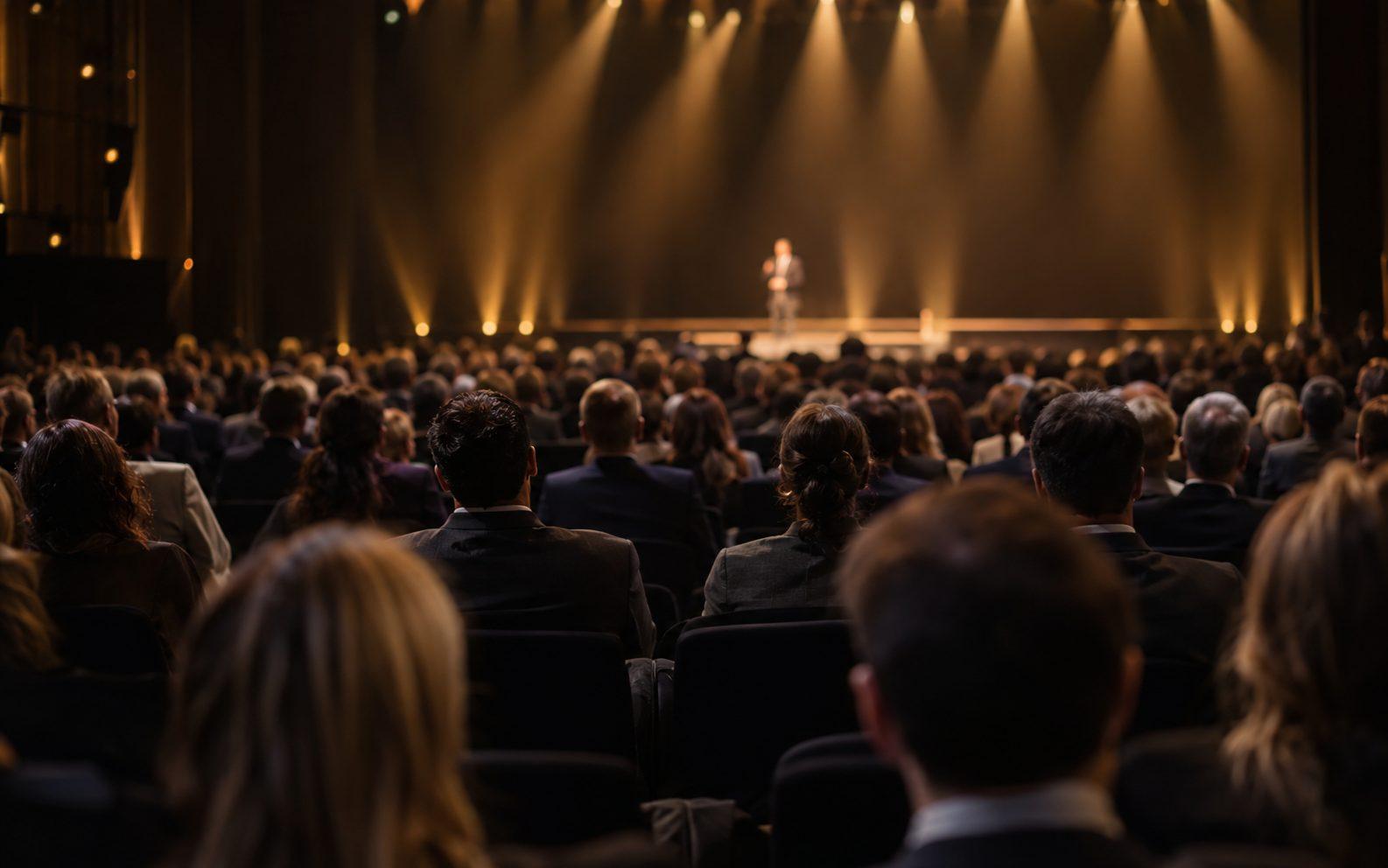 Salle de conférence pleine, vue depuis le public
